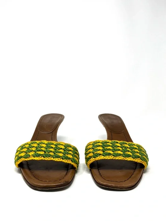 Vintage Prada Green Yellow Crochet Raffia Kitten Heels Slides Sandals 37.5 7.5 - Picture 3 of 10
